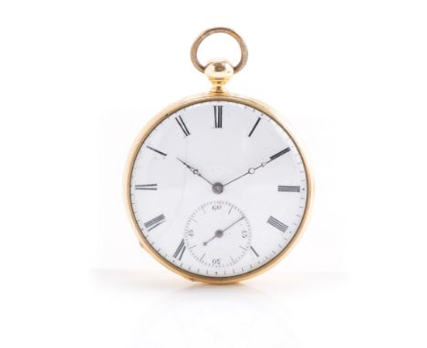 Taschenuhrum 1900, Handaufzug, Gehäuse 750 Gelbgold, geprüft, Zwischendeckel Metall, Emaille-Zifferblatt mit römischen Ziffer