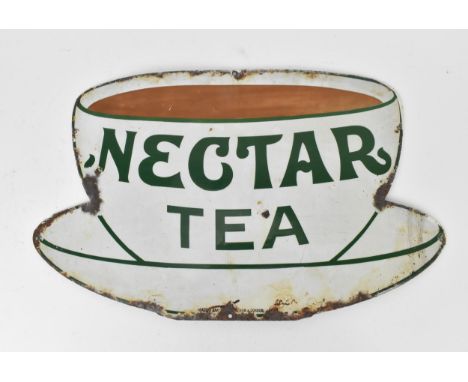 A vintage 'NECTAR TEA' advertising enamel sign with green lettering on a white teacup shaped ground, 32 cm high x 53 cm wide 