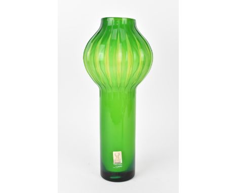 A Portuguese handblown glass vase made by Mglass (Marinha Grande of Portugal), this model by the Jasmim studio, in lime green