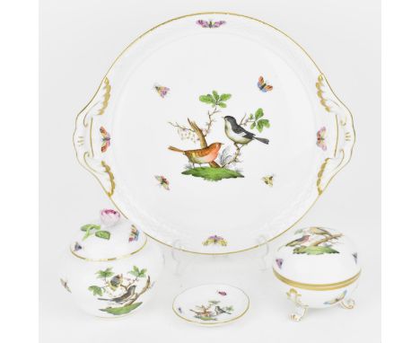 A small collection of Herend porcelain in the 'Rothschild bird' pattern, to include a circular tray with woven effect border 