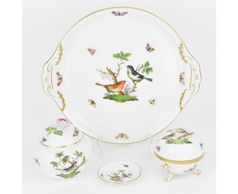 A small collection of Herend porcelain in the 'Rothschild bird' pattern, to include a circular tray with woven effect border 