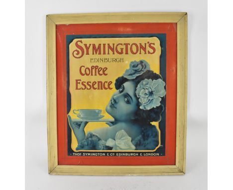 A vintage advertising 'SYMINGTON'S COFFEE ESSENCE' poster, designed with an art nouveau style lady holding a cup of coffee, w