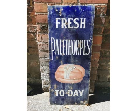 A vintage 'FRESH PALETHORPES TODAY' advertising enamel sign with white lettering on a blue ground, 91 cm x 38 cm 
