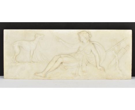 A 19th century carved marble relief plaque, of Classical theme depicting Diana the huntress, holding an arrow linked to a dog