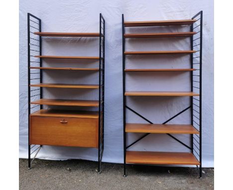 Two retro vintage late 20th century Ladderax modular teak shelving units, with multiple shelves and one fall front fitted cup
