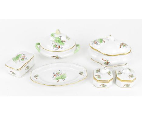 A small collection of Herend porcelain in the 'Rosehip' pattern, to include a pair of pill boxes with bunny finial, a pin tra