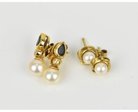 A pair of 18ct yellow gold, pearl, diamond and blue sapphire earrings, with teardrop sapphire above the diamond and drop pear