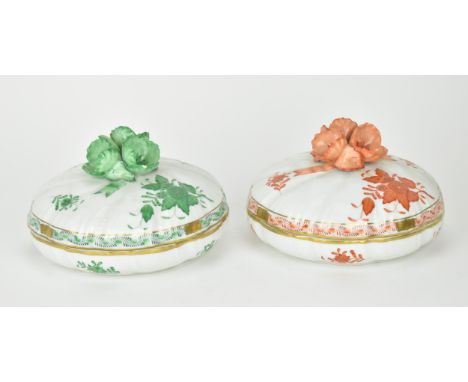 Two Herend porcelain lidded boxes in the 'Apponyi' pattern, green and orange, each with Chinese bouquet design and floral fin