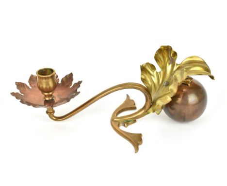 An Arts and Crafts copper and brass counterbalance candlestick by W.A.S. Benson, with stylised leaf and foliate drip pan, sta