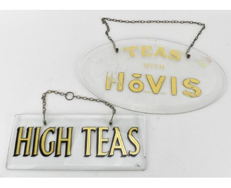Two vintage advertising glass hanging signs, with gilt lettering and bevelled edge, one rectangular shaped reading 'HIGH TEAS