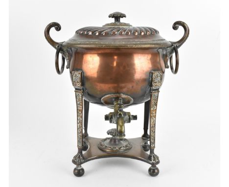 A 19th century Regency copper and bras samovar, designed with vitruvian scroll border, fluted lid with berry and leaf finial,