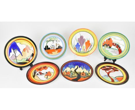 A collection of seven hand painted Wedgwood prototype plates in the Bizarre living landscape series by Clarice Cliff, unmarke