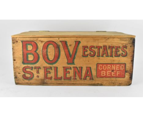 A vintage advertising BOVRIL wooden crate, with hinged lid, the front and back in red lettering reading 'BOV ESTATES ST ELENA