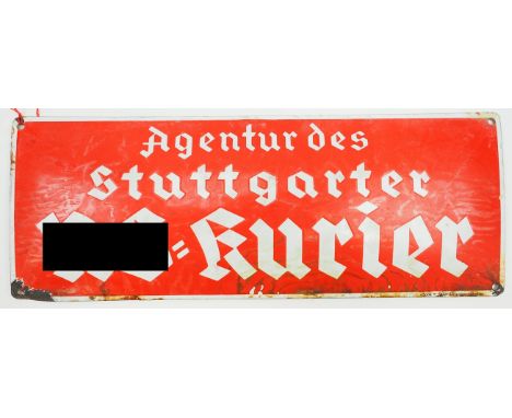 Emailleschild "Agentur des Stuttgarter NS=Kurier".Roter Grund, weiße Schrift und Kanteneinfassung, re.u. bezeichnet Boos &amp