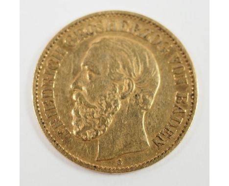 Baden: 10 Mark, Friedrich I., 1876 - GOLD.Gold.3,9 g.Zustand: II