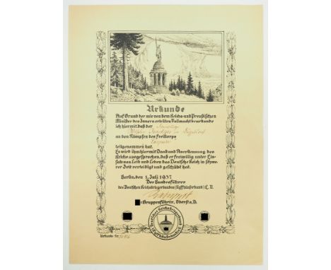 Freikorpskämpfer Urkunde für einen Freiwilligen des Freikorps Caspari.Vordruck, ausgestellt Berlin, den 1.6.1937, OU SS-Grupp