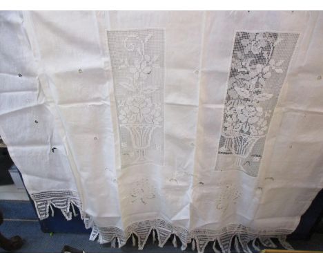 Three vintage cotton and lace window panels 46 x 24" x two, and 50 x 36" x oneLocation: FSR 
