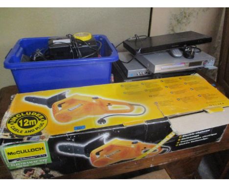 A mixed lot to include a boxed McCulloch Electromac chainsaw (not working), Blue ray player and other items
