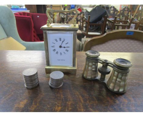 A Mappin &amp; Webb brass cased five window carriage  clock, a small group of 10p pieces and a pair of mother of pearl and la