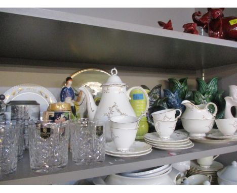 Mixed vintage gurgling jugs and household china to include a pair of yellow Royal Pottery vases together with a Royal Doulton