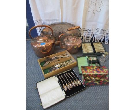 Metalware to include silver plated cutlery and flatware, two copper kettles and other items 