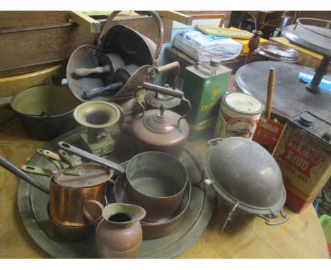 A selection of metalware to include Victorian copper pans, coal bucket, kettle and four vintage tins 