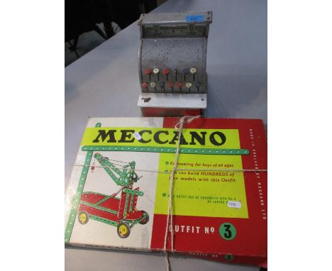 A vintage Meccano Outfit No 3 boxed set, together with a vintage toy till by Codeg 