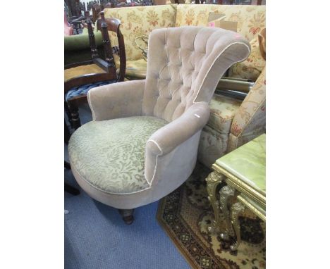 A small light brown velour bedroom chair with mahogany turned front legsLocation: C 