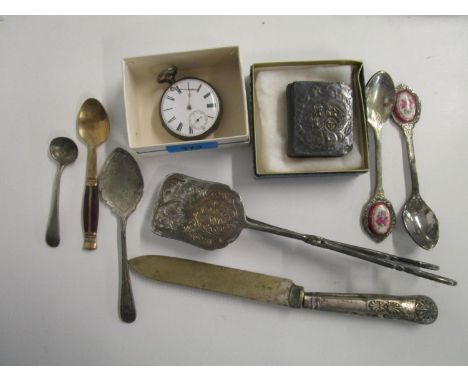 Silver and silver plated to include a late 19th century silver pocket watch A/F prayer book and silver plated flatware 
