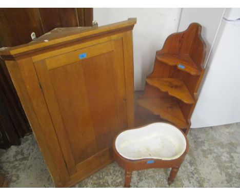 A pine four tier wall hanging shelf, together with a pine corner cabinet and other items 