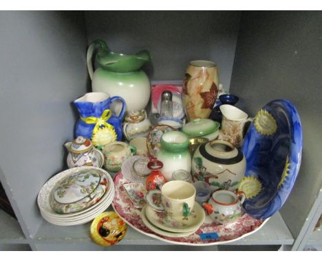 A mixed lot of ceramics and glassware to include a Chinese jar and wash bowl and jug set 