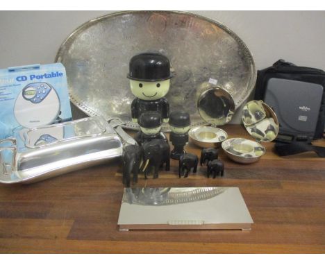 A quantity of silver plate and other items to include vintage Homepride kitchen vessels, a Saisho compact disc player, ebony 