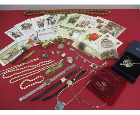 Vintage postcards, trinkets and ornaments, four watches to include a ladies Accurist and Gucci wristwatch, pearl items, costu