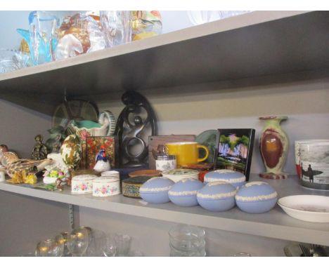 Mixed 20th century ornaments to include brass bells fashioned as ladies with crinoline skirts, pottery and a vintage treen mo
