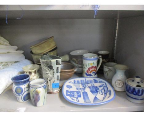 A Paul Jackson 2005 studio pottery tankard depicting nude ladies, a 1970s Rorftrand blue and white plate by Niob Christian Ha