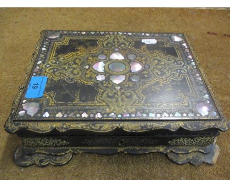 A paper mache and mother of pearl box A/F containing four modern boxes and playing cards 