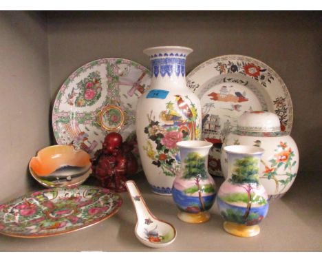 Oriental ceramics to include a Chinese ginger jar and cover, three Japanese vases, two modern Cantonese plates and an English