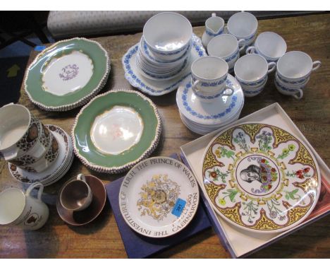 Six Royal Worcester plates, Midwinter soup bowls and dishes, a Bisto part tea set, commemorative items to include a 1969 HRH 