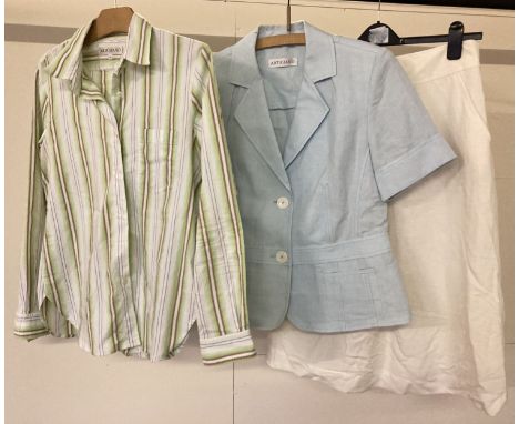 3 items of ladies clothing by Artigiano all size 12.  A green, blue and brown striped cotton shirt, a pale blue linen short s