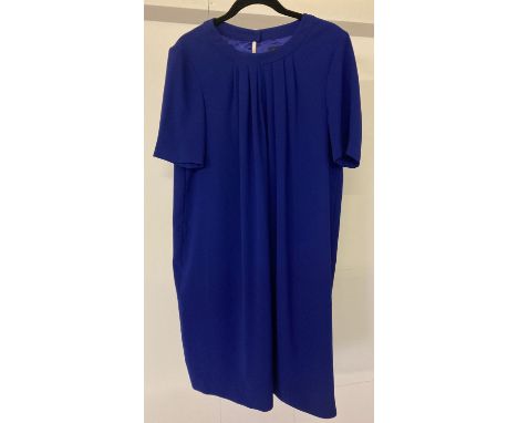 A fully lined heavy crepe short sleeve shift dress in Royal blue colour by Jaeger.  With gather neck detail. Size 14. Being s