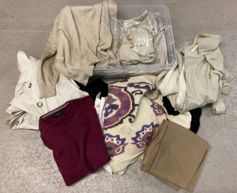A box of mixed ladies and gents clothing in varying conditions to include Jaeger, Burberry,  Island republic and Nautica. Bei