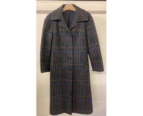 A vintage ladies Irish tweed pure wool full length coat by Julius. Size 12.  Black and grey ground with royal blue, teal, ora
