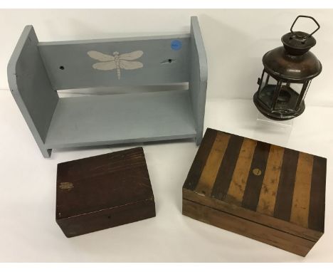 A collection of mixed items. Comprising 2 wooden boxes a painted book stand and a brass candle lamp.  