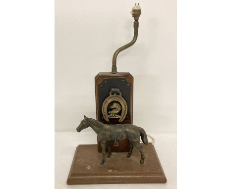 A vintage wooden lamp base with horse brass and cast metal horse detail.   Total height approx. 51cm tall.