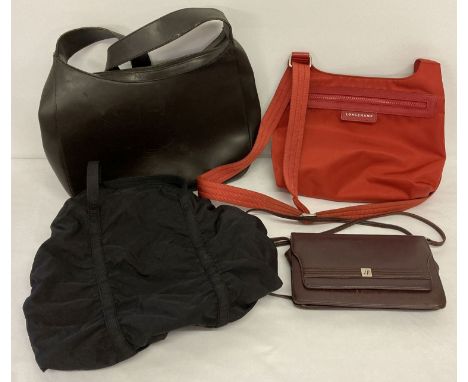 4 vintage handbags. A red leather and nylon shoulder bag by Longchamp.  Together with a vintage small leather bag by Juin Pet