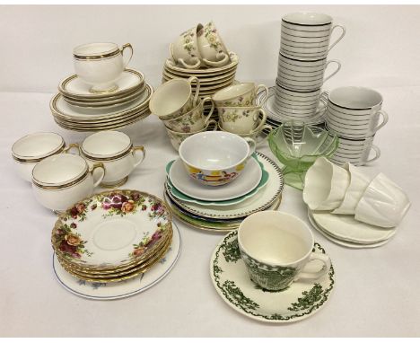 A box of assorted vintage and modern ceramic tea ware to include Shelley.  Box includes an 8 setting tea set with floral desi