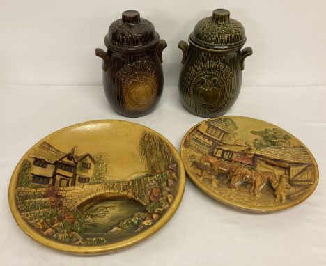 2 vintage West German ceramic Rumtopf lidded pots, approx. 28cm tall.  Together with 2 chalk 3 dimensional wall plaques, larg