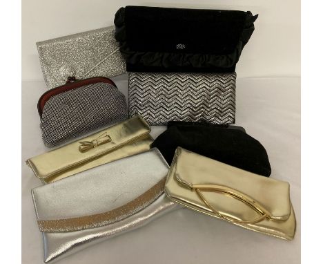 A collection of 8 vintage evening and clutch bags in black, gold and silver tones.  