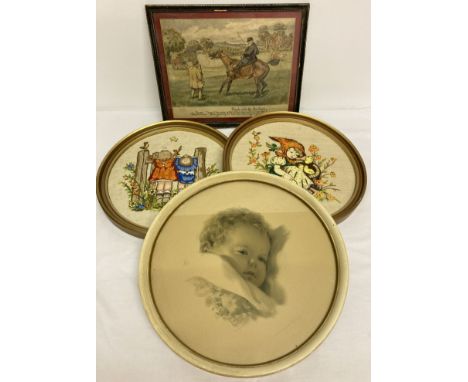 A framed and glazed vintage print "Popple and the Postman" by C H Jalland.  Together with 2 framed Hummel embroidered picture