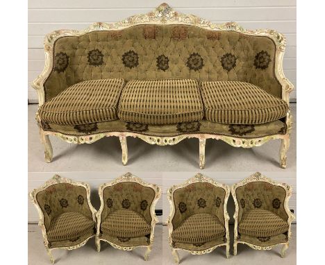 A vintage 5 piece sofa set with painted wooden frames and brown velvet upholstery.  Pearlised cream painted wooden frames wit